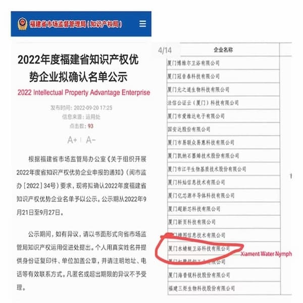 2022 Empresa con Ventaja en Propiedad Intelectual --- Tecnología Sanitaria Xiamen Water Nymph